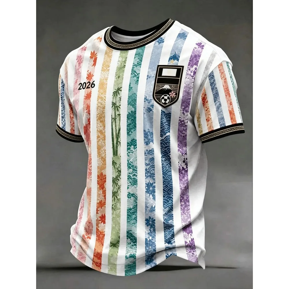 Colorful Vertical Stripe Floral Wave Art Print Men T‑Shirt 2026 Short Sleeve Casual Daily Tee