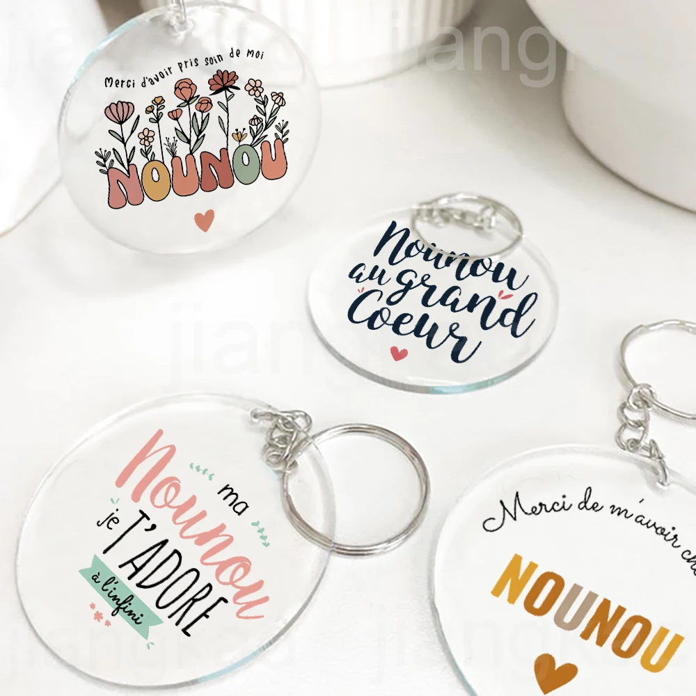 Thank You for Taking Care of Me Nanny Printed Keychain Transparent Key Chain Acrylic Keyring Holiday Birthday Gifts for Nounou