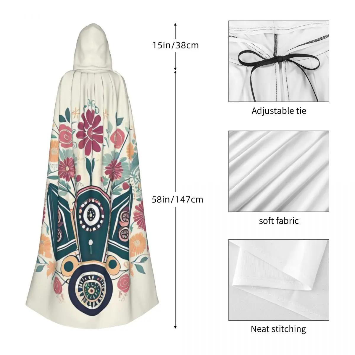 محرك السيارة خمر مع الزهور عباءة طويلة مقنعين الساحرة القرون الوسطى زي تأثيري كيب هالوين معطف الكبار للجنسين