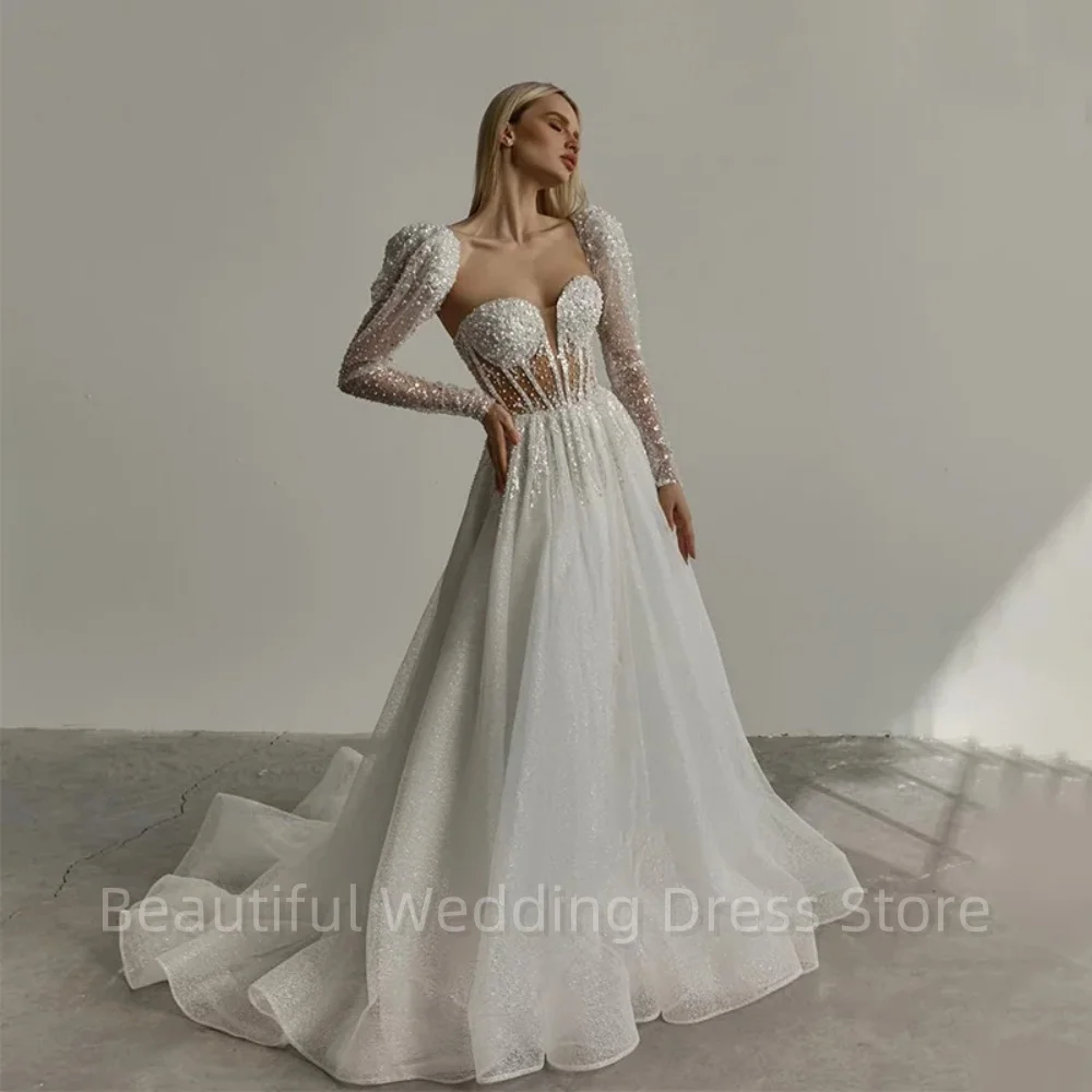 Fashion Sweetheart Wedding Gowns Long Puff Sleeves Lace Beaded A-Line Sweep Train Bridal Gowns Plus Size Vestidos De Noiva