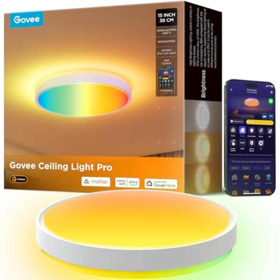 Smart Ceiling Light 4300LM, RGBIC 2700K-6500K 1 Pack LED Ceiling Light Fixture Works with Matter Alexa, Flush Mount Light Fixtu