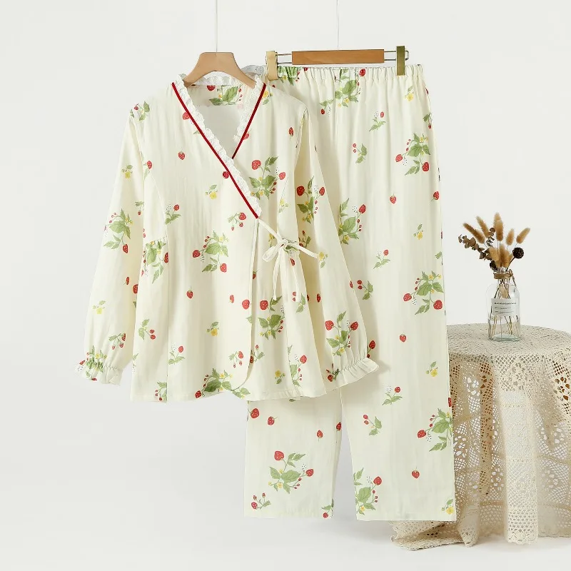 Pastoral Cotton Confinement Clothes Thin Lace-up Adjustable Waist Breastfeeding Pajamas Set Long Sleeve Trousers Loungewear