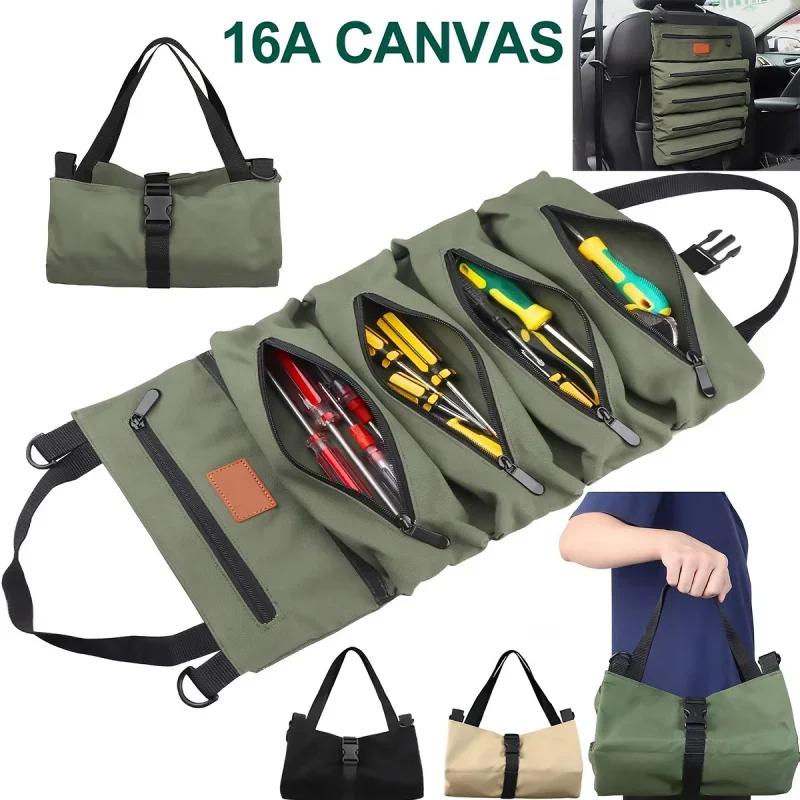 Roll-Up Tool Organizer Bag w/ Durable Polyester - Yellow & Black Wrenches Included, Zippered, for Car/Camping/Outdoor Use
