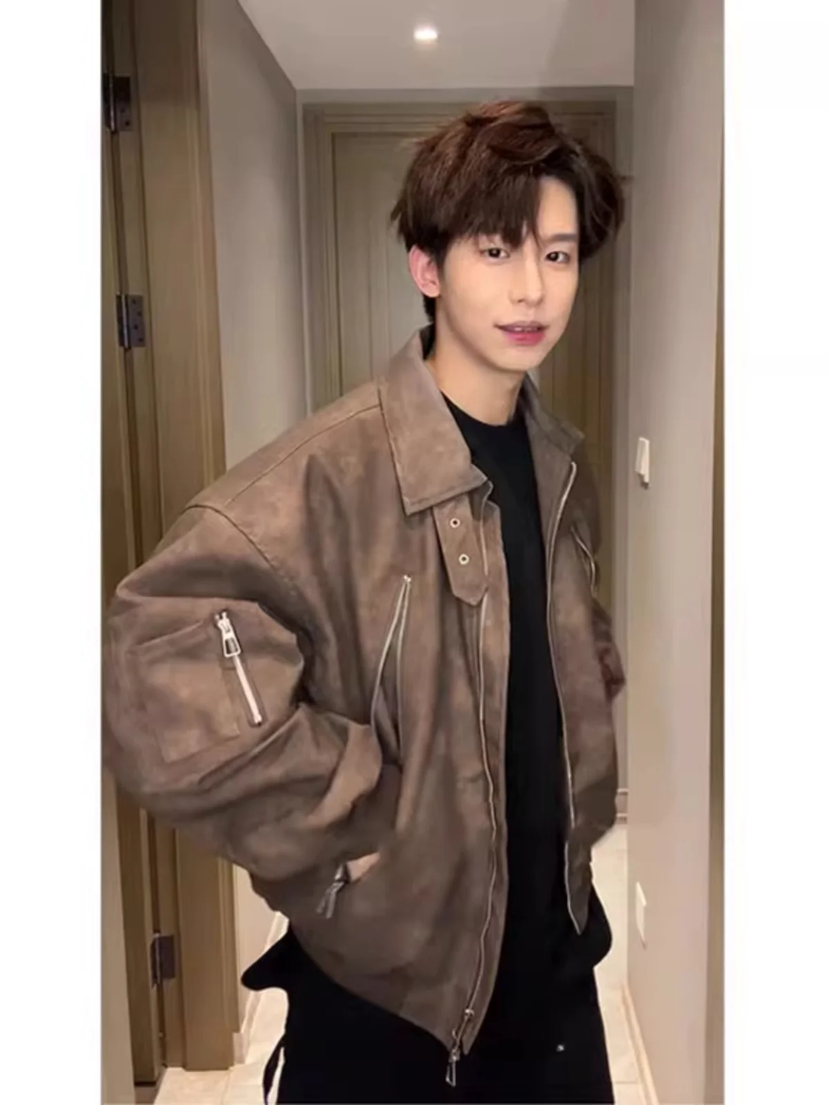 

Retro PU Leather Biker Jacket Short Men's Spring Autumn Cleanfit American High Street Cool Collar Motorcycle Jacket