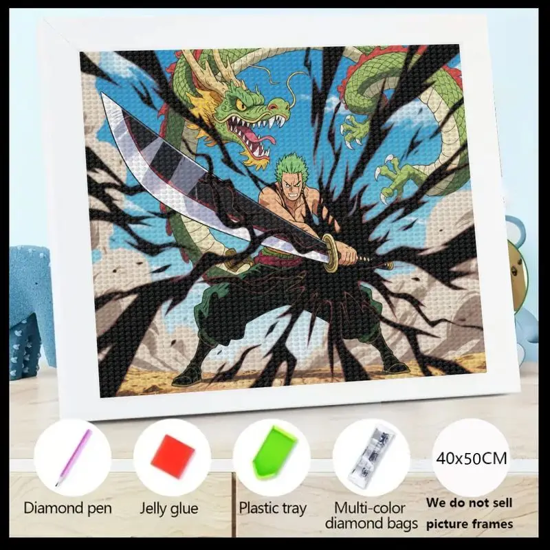 

1PC One Piece Roronoa Zoro Diamond Painting Kit, 5D DIY Full Drill Anime Manga Dragon Battle Art, 40x50CM Large Gem Crystal Pain
