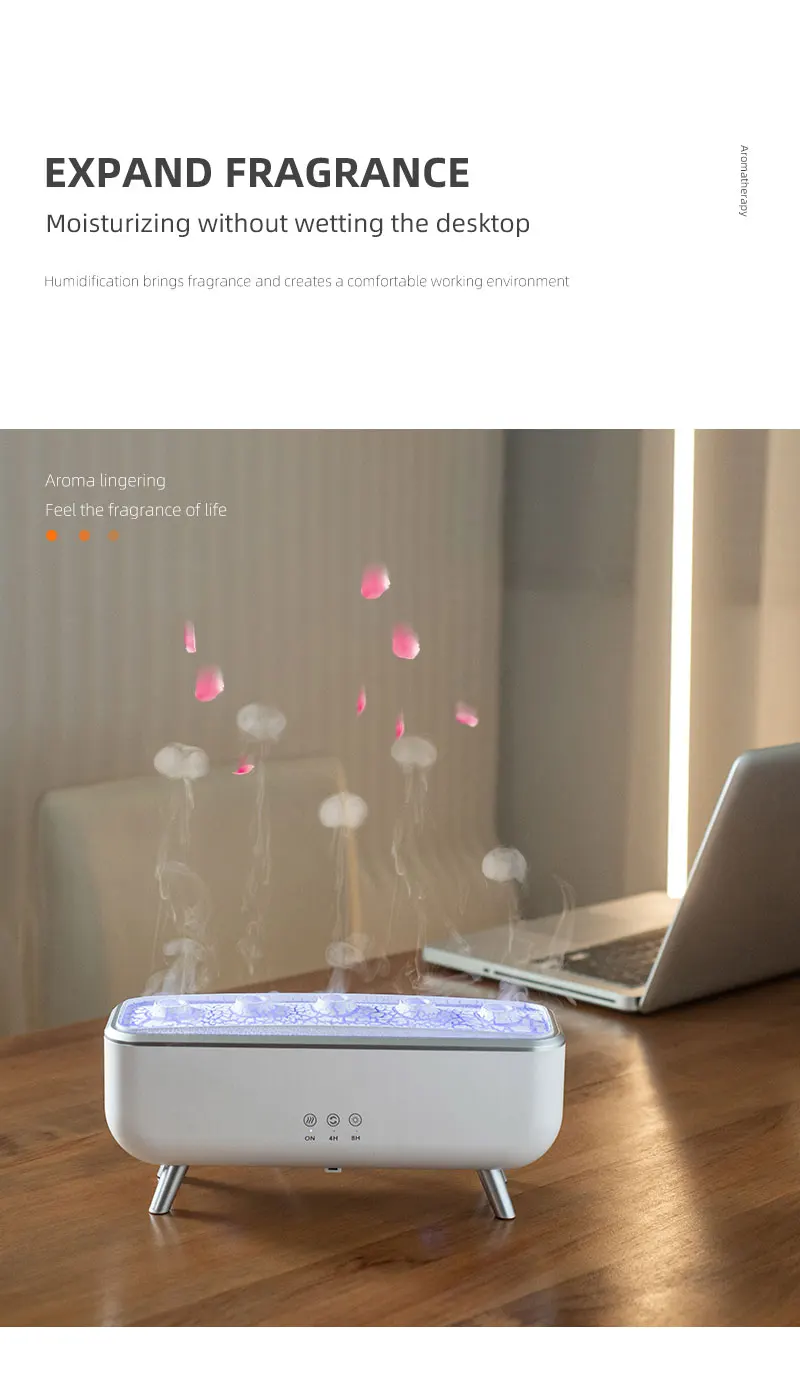 Simulierter Vulkan-Lava-Luftbefeuchter mit Farblichtern, Aroma-Diffusor, Fernbedienung, 5 Düsen, 2 Nebelmodi, tanzende Quallen – Detail 11