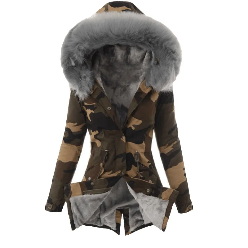 Autumn Winter New Women Cotton Clothes Fur Collar Drawstring Camouflage Jacket Warm Female Cotton-padded Clothes