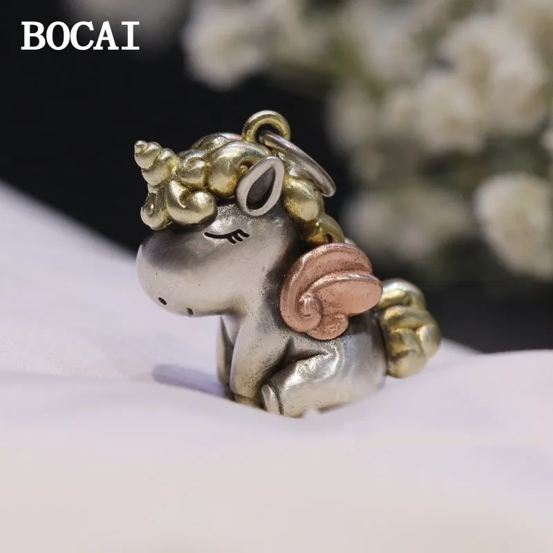 

BOCAI S925 Silver Vintage Cute Unicorn Pegasus Pendant Couple New Year Birthday Gift