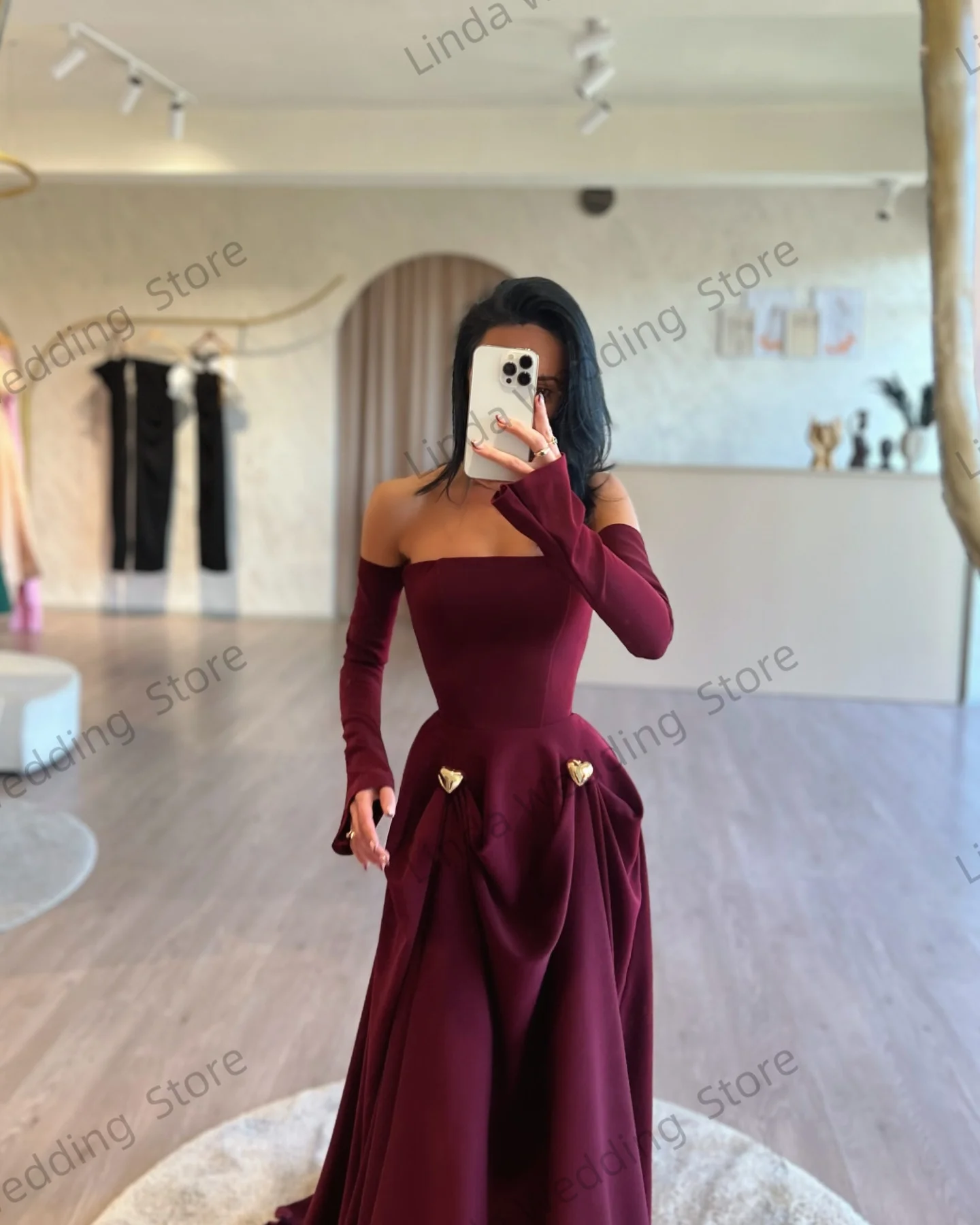 Burgundy Evening Dresses A Line Sweetheart Formal Gala Gowns for Women Full Sleeves Vestido de Soriee Brithday Celebrity Dresses