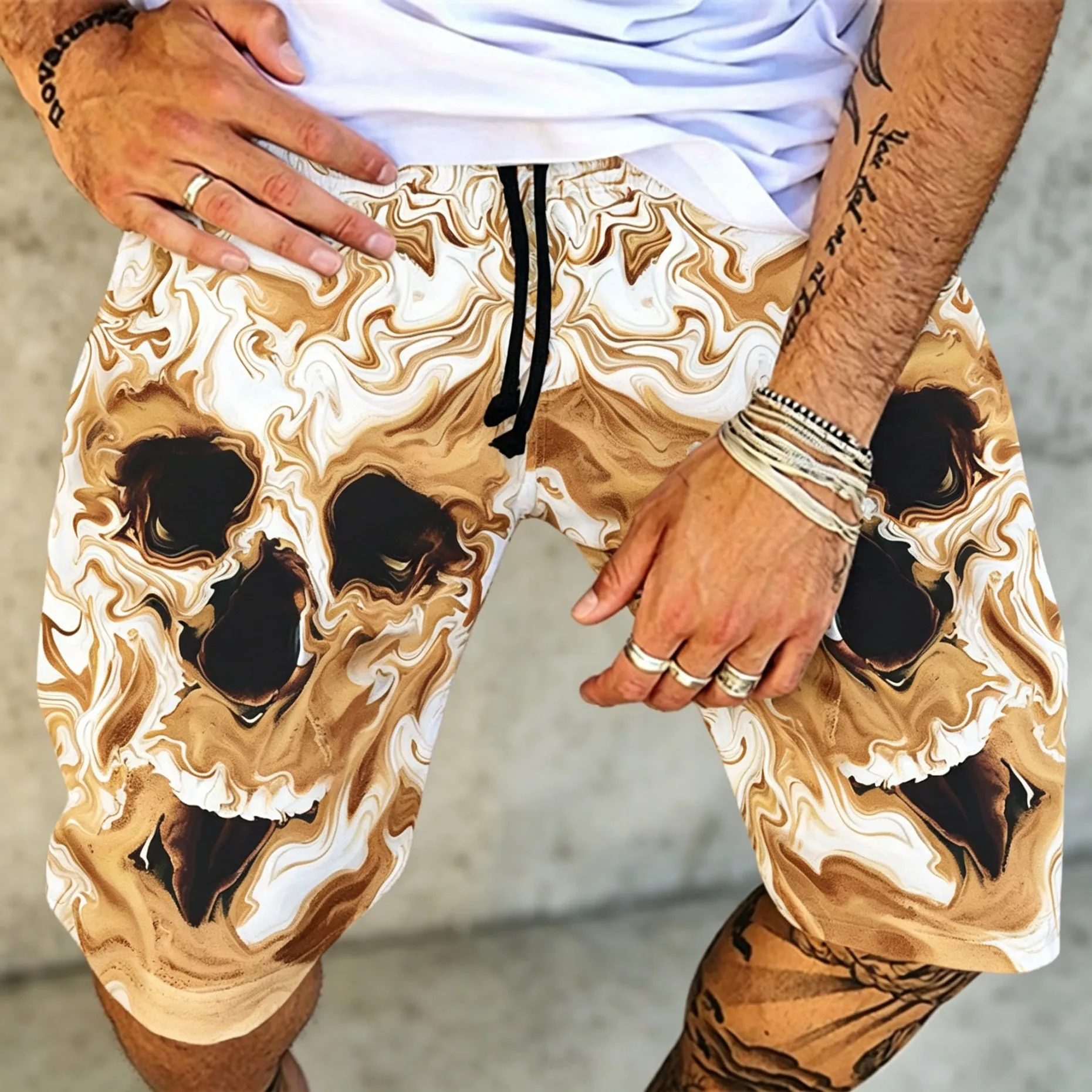 Men's Drawstring Waist Psychedelic Marble Skull Print Casual Shorts, Trippy Style Bottoms For Summer Daily Outdoor Vacation Wear
