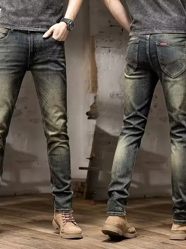 

Классические мужские джинсы в стиле ретро, прямые повседневные длинные брюки, эластичные облегающие осенние джинсы со средней талией Five kets Distred Waed