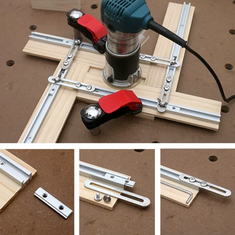 1Set Adjustable Router Jig for Square Holes orRecesses, Aluminum Groove Router Jig, Auxiliary Guide Rail Bracket Woodworking DIY
