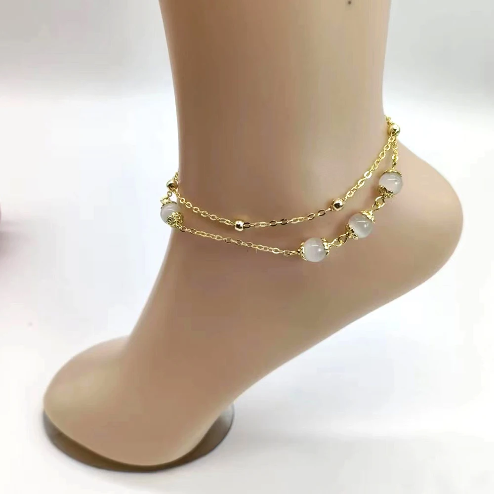 Two Layer Anklet Color Cat's eye Stone Bead Charm Flower Preserving Plated Metal Chain Women Gift Fashion Jewerly