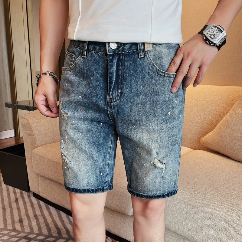 2024 Summer New Men's Thin Versatile Casual Perforated Blue Denim Middle Pants Trendy Brand Loose Straight Split 5/4 Pants