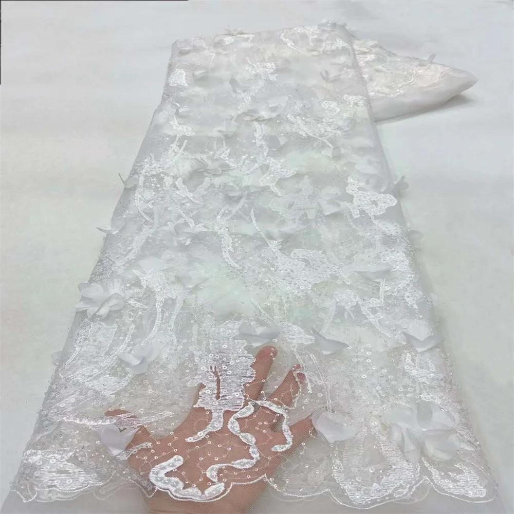 2024 africano 3D fiore tessuto di pizzo francese paillettes perline nigeriano cucito ricamo Tulle nigeriano tessuto di pizzo da sposa per abiti