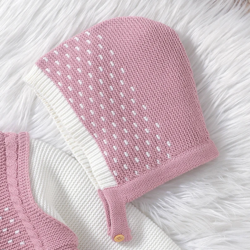 

Baby Girl Rompers Autumn Pink Long Sleeve Knit Newborn Infant Jumpsuits Hats Outfits Set 0-18m Toddler Children Winter Playsuits