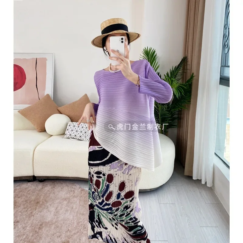 Pleats Gradient Color Top Pleated Irregular Pleated Long-sleeved Spring Loose Medium-length Niche Round Neck Thin T-shirt