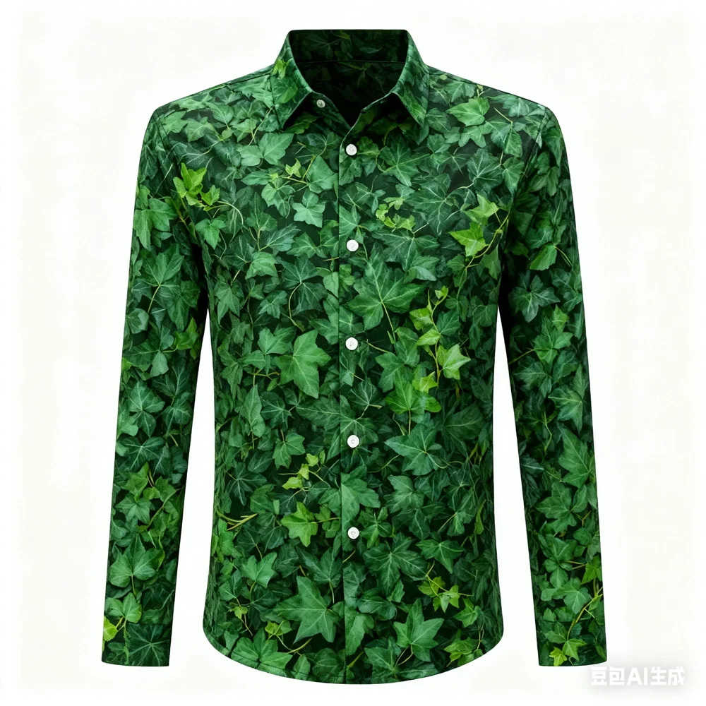 

Men's New Green Plant Grass Print Shirt Slightly Elastic Soft Long-sleeved Lapel Shirt Hawaiian Vacation Outdoor Party Clothes