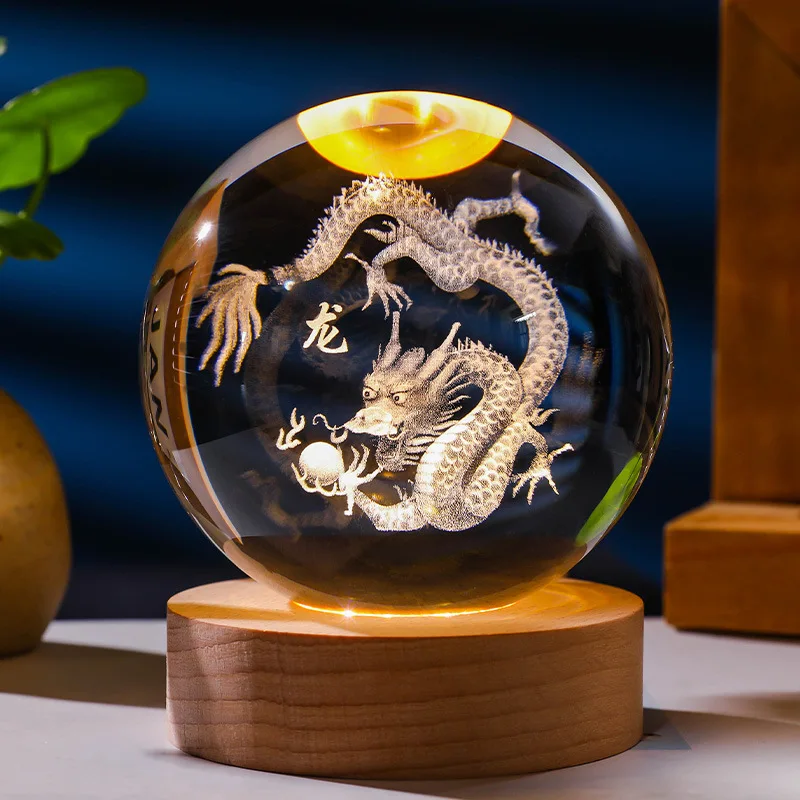 Crystal Ball Night Light USB Power Supply Warm Light Dragon Horse Monkey Sheep Chicken Pig Birthday Gift Zodiac Luminous Crafts