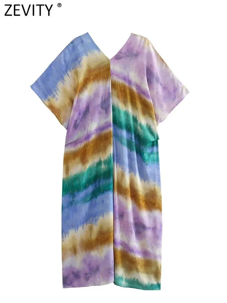 Zevity Women Vintage V Neck Patchwork Tie Dyed Print Loose Shirt Midi Dress Female Chic Short Sleeve Beach Kimono Vestido DS4509