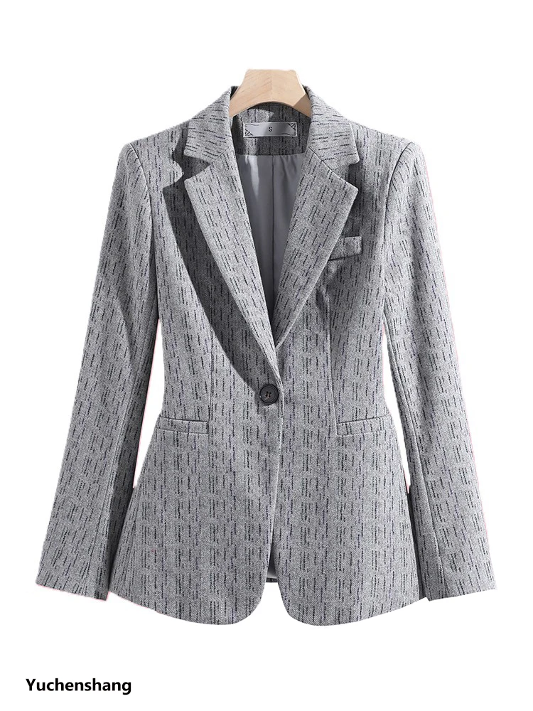 

Gray Striped Women Blazer Ladies Long Sleeve Casual Female Winter Jacket Coat
