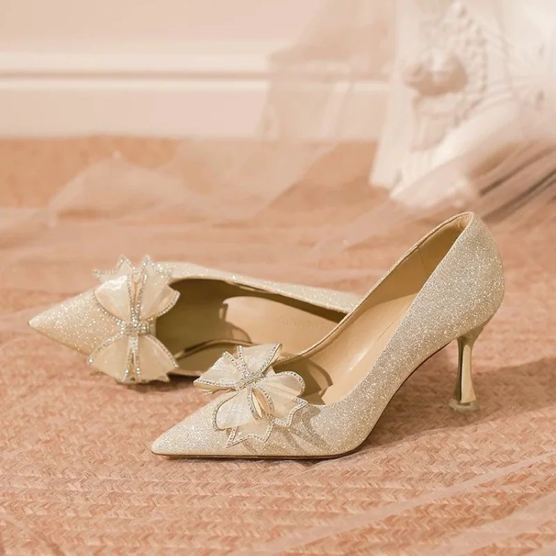 

Fashionable 2025 New Bride Dress Shoes Crystal High Heels Bridesmaid Gift Adult Elegant Flats Rubber Upper Summer Season