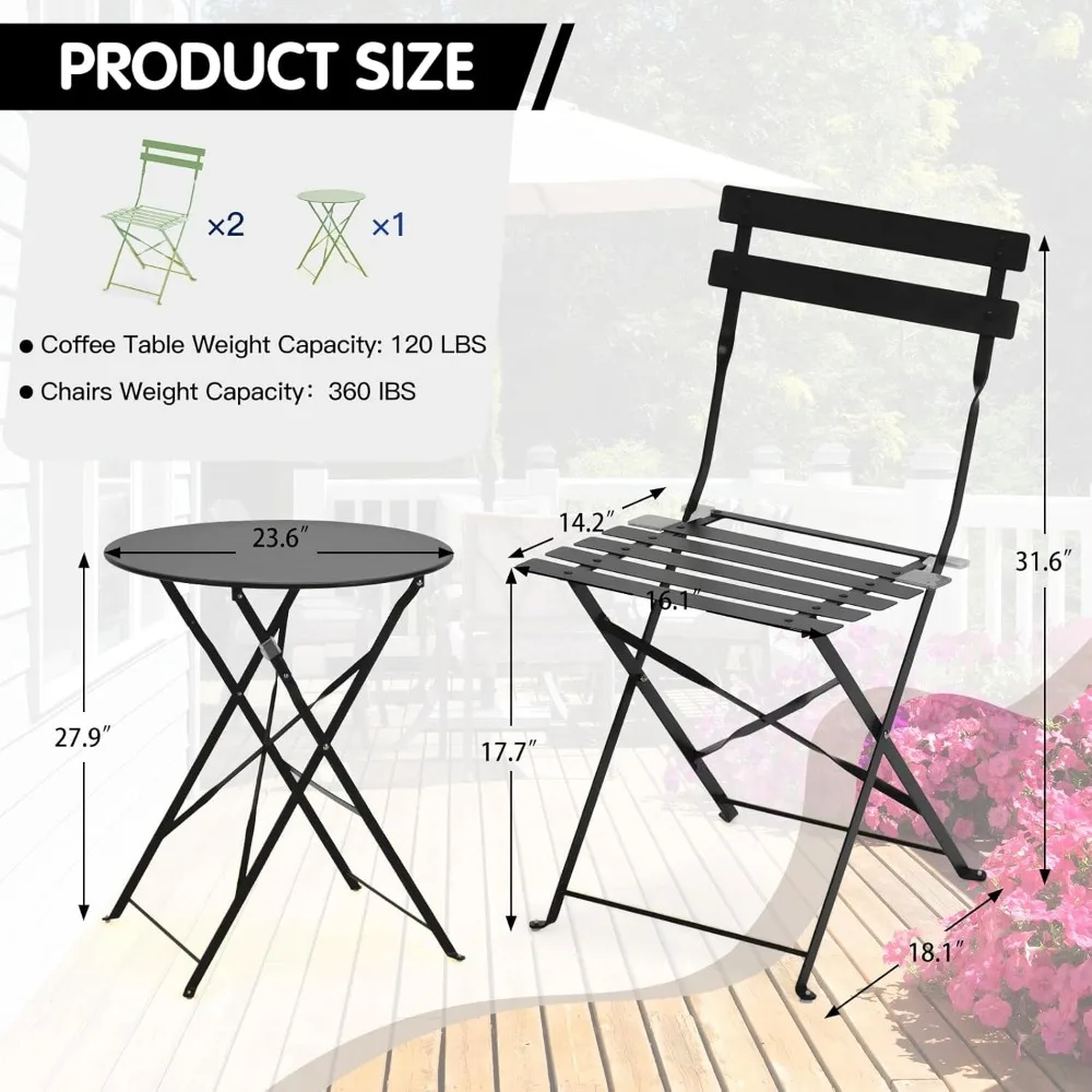 3-Piece Bistro Table And Chairs, Wrought Iron Bistro Set, Anti-Rust, Waterproof Folding Cafe Table And Chairs Set Of 2, Foldable