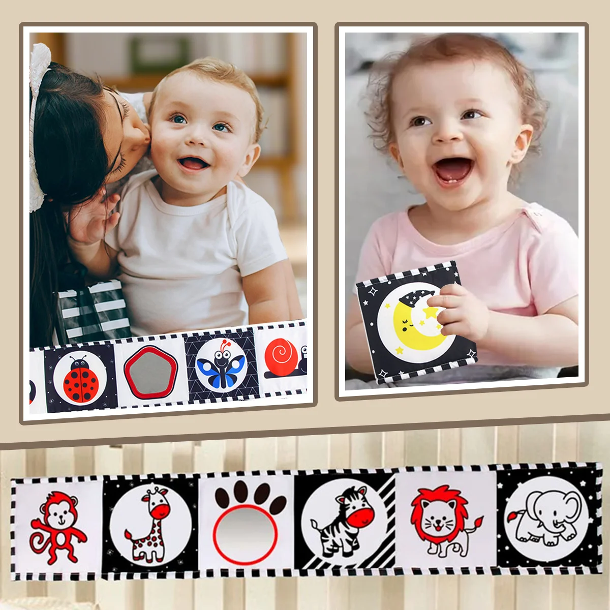 Livre en tissu pour literie de bébé, jouet sensoriel pour bébé à contraste élevé, livre d'activités doux et pliable, favorise le développement visuel du bébé