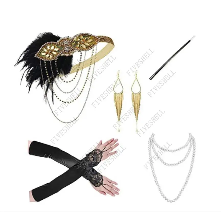 1920S Great Gatsby Roaring เครื่องแต่งกาย Flapper Headband ไข่มุกสร้อยคอที่เขี่ยบุหรี่ชุดต่างหู