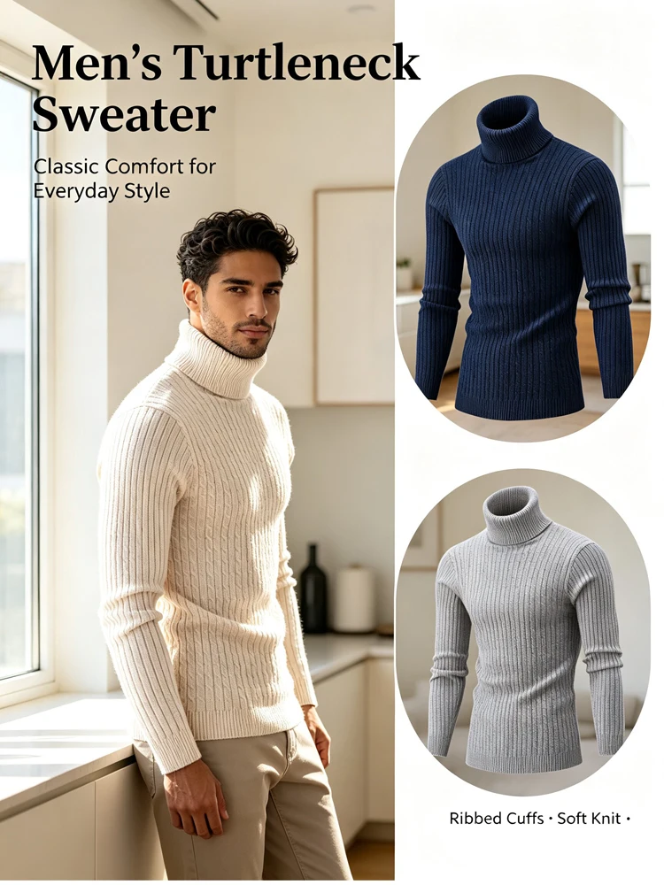 Autumn Men's Cargo Turtleneck Sweater Casual Men Cashmere Knitted Pullover Classic Mens Slim Fit Thermal Work Sweaters Clothing