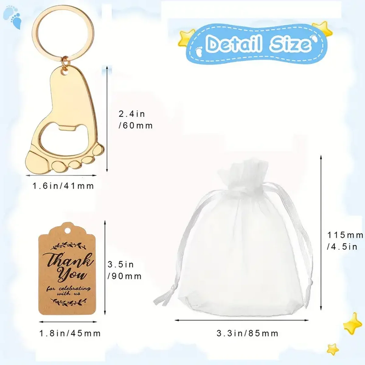 Footprint Keychain Bottle Opener, Shower Souvenirs And Decorations, Souvenirs With Organza Bag Thank You Tag 11.81inch String