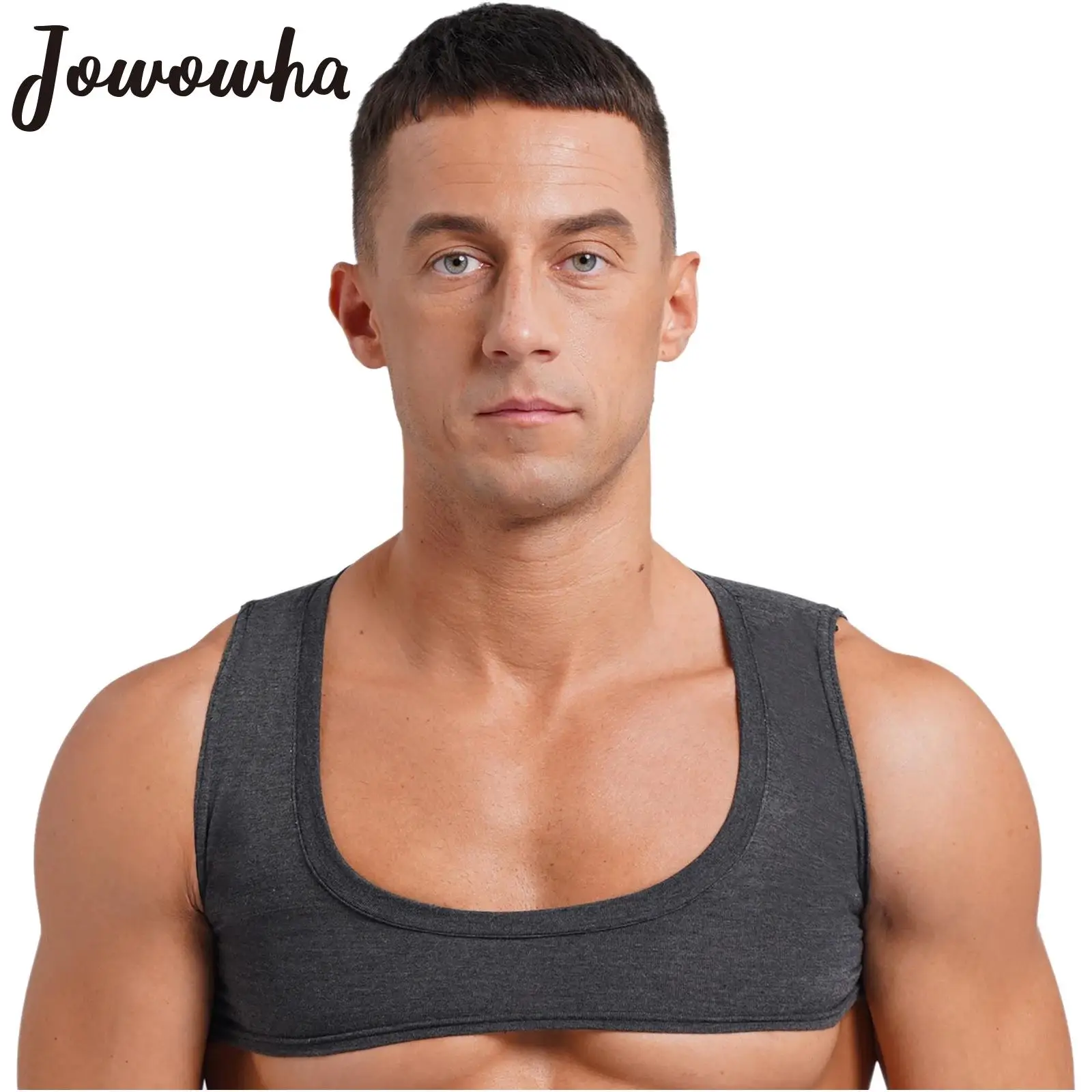 Mens Sexy Muscles Showing Off Crop Top Low Scoop Neck Sleeveless Solid Color Tank Top Vest for Bodybuilding Disco Nightclub