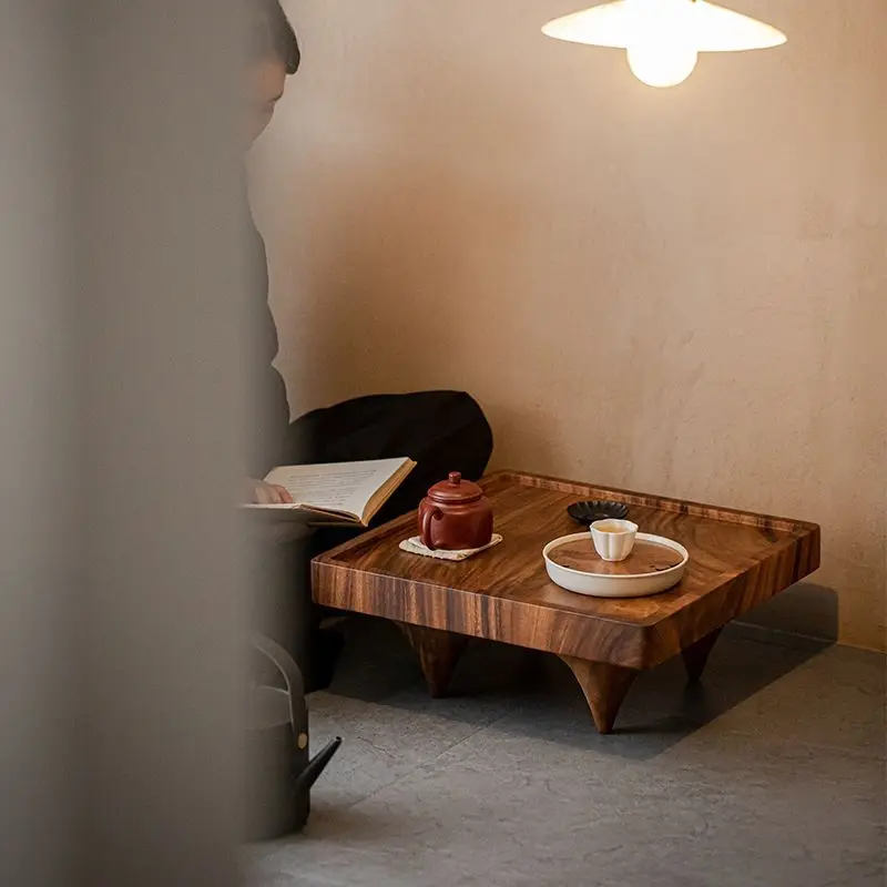 Japanese-style wabi-sabi style, solid wood tea table walnut, square edge tatami, Zen bay window low table kang table