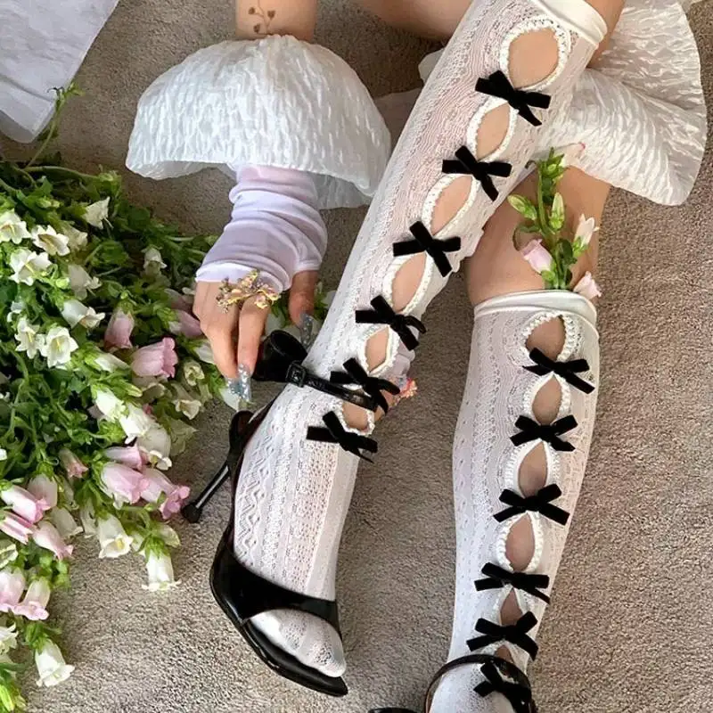 Women Kawaii Lolita Over Knee Socks White Hollow Lace Socks With Black Bow Decor Cute Gothic Princess Cosplay Thigh High Socks