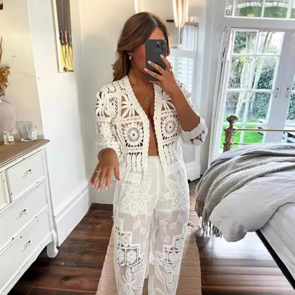 

2024 Spring Women's Knitted Hollow out Hook Flower 3D Lazy Style Open Cardigan Set Fashionable Long Pants Seven Sleeve Length