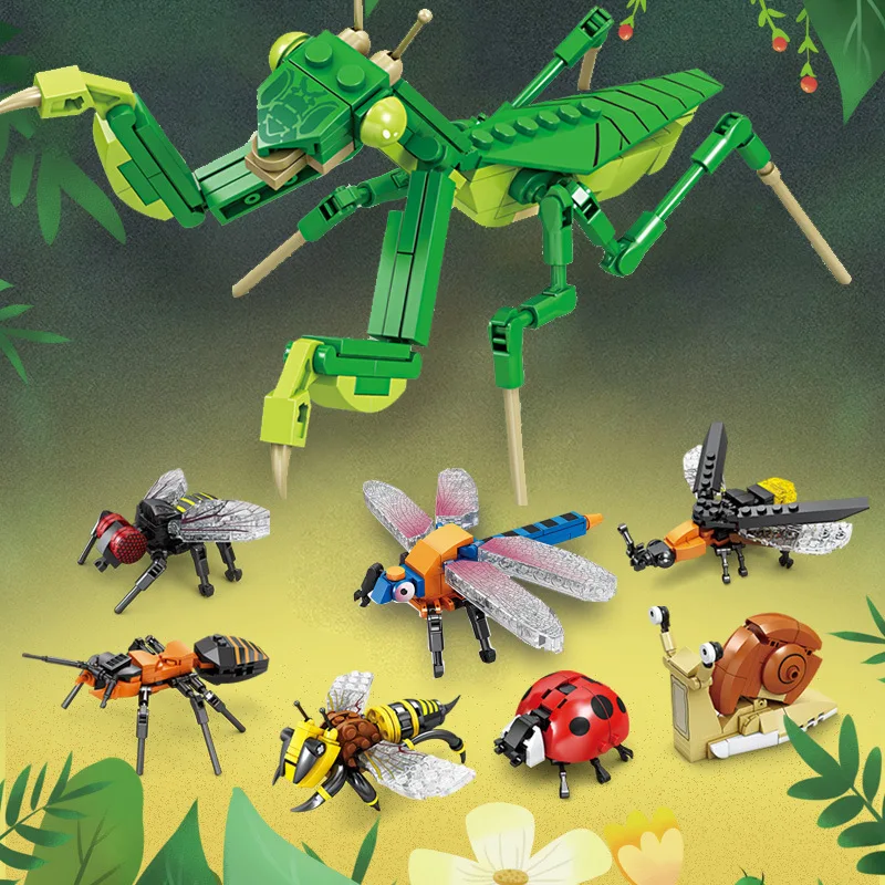 Children\'s Educational DIY Toys Simulate Insect Building Blocks, Bees, Ladybugs, Dragonflies And Mantis Assembling Model Gifts.