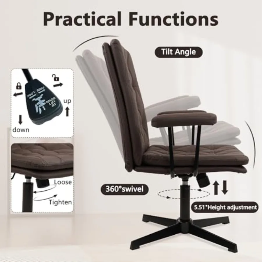 كرسي مكتب بدون عجلات كراسي مكتب متقاطعة من الجلد مع أذرع كرسي كمبيوتر حديث بأرجل متقاطعة وسط الظهر قابل للتعديل #3