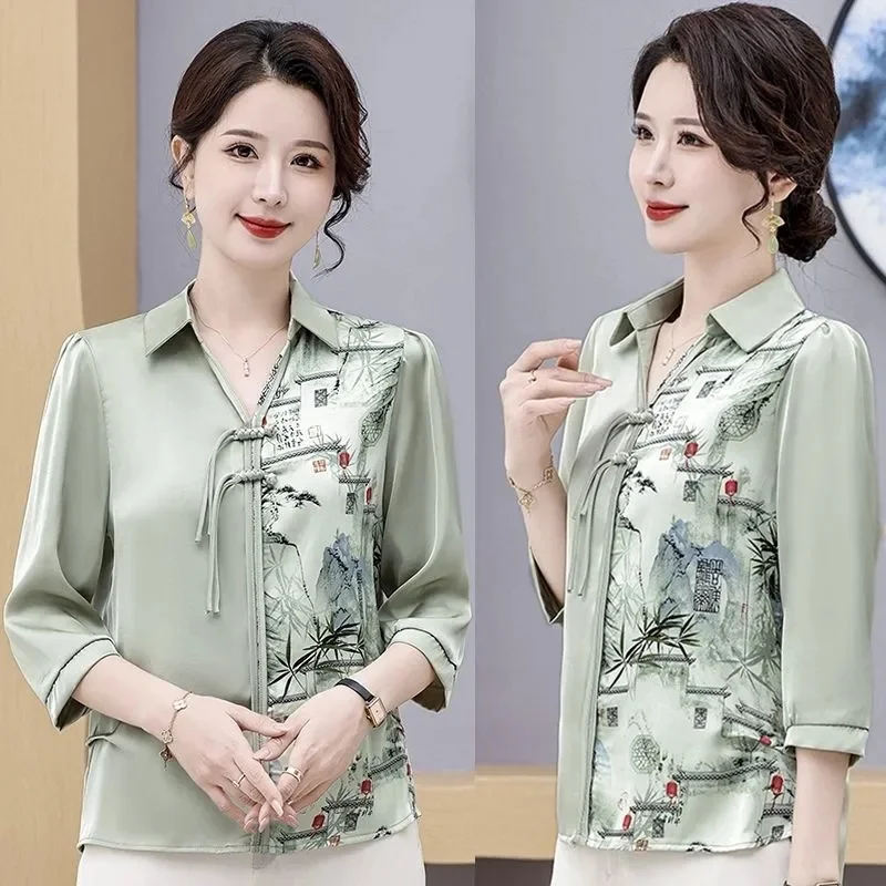 

Middle Aged Mother Fashion Large Size 5XL Shirt Coat Summer Ladies Seven Divide Sleeve Blouse 2025 Women Printing Blousees Tops
