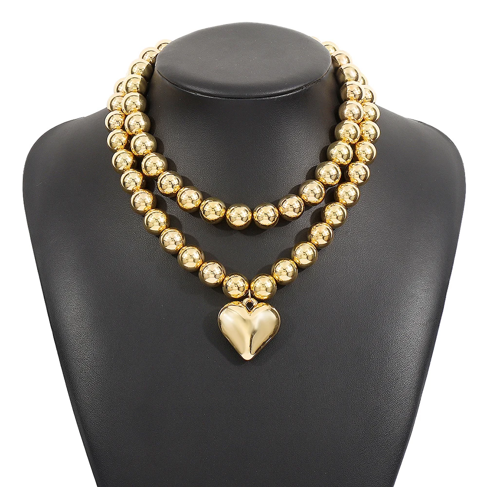 CCB Ball Beaded Chain Heart Pendant Necklace Women Punk Party Wedding Fashion Double Layer Choker Jewelry Gift for Cool Girls