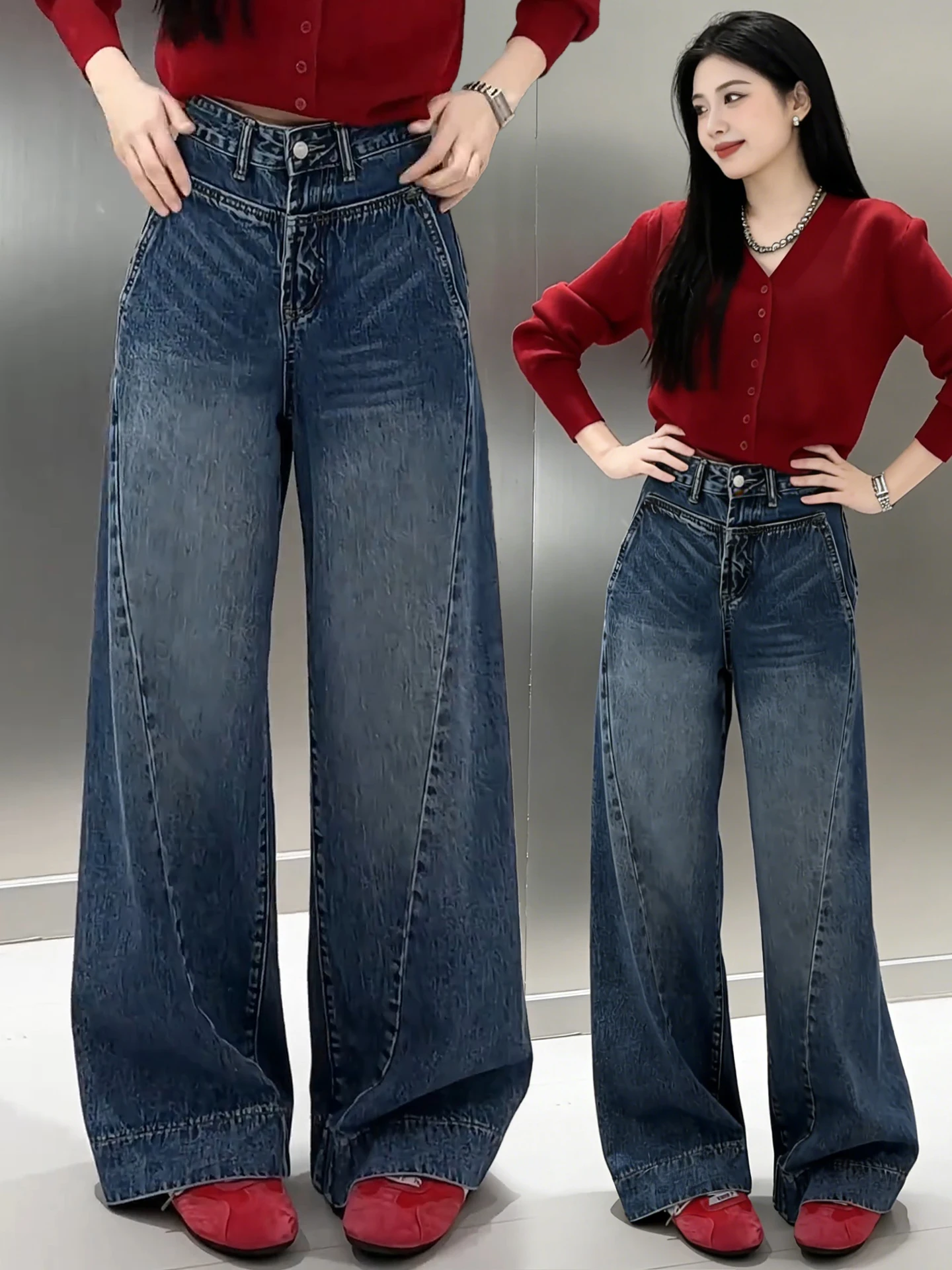 

High Waist Flared Jeans Women's Spring Autumn Winter New Style Super Beautiful Slimming Fleece Straight Floor-Length Pants
