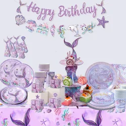 Mermaid Birthday Tableware para menina, 1 ° aniversário decoração, pequena sereia, sob o mar, decoração do chuveiro de bebê