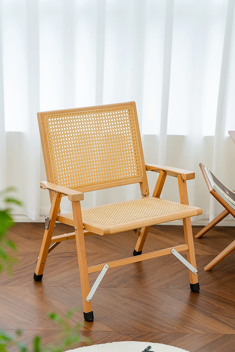 Japanese solid wood Folding chair backrest household rattan deck chair leisure retro single chair