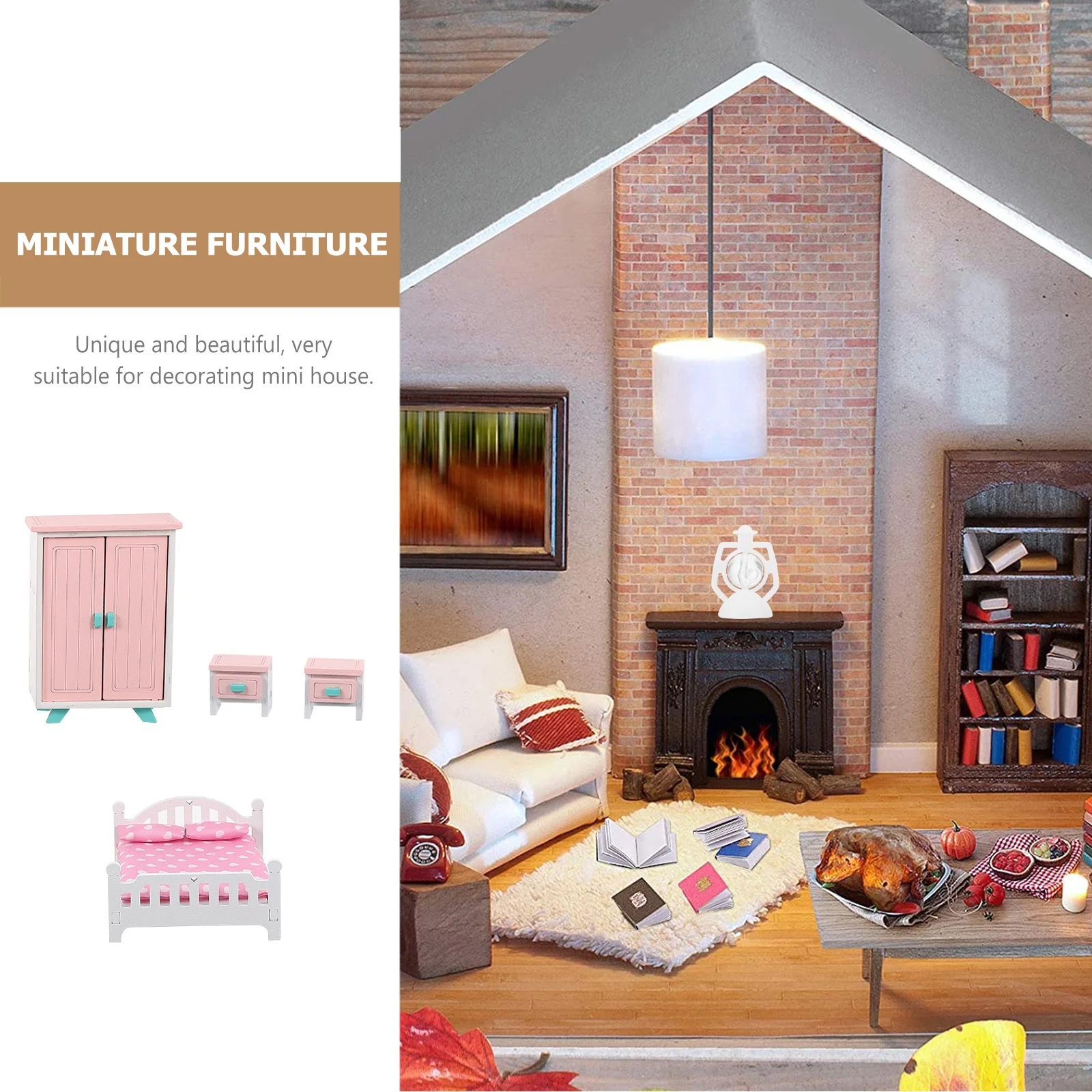 

1 set 1 Set Mini Furniture Set For Dollhouse Bedroom Bed Nightstands Wardrobe Pretend Play For Toddler Kids Infant Dollhouse