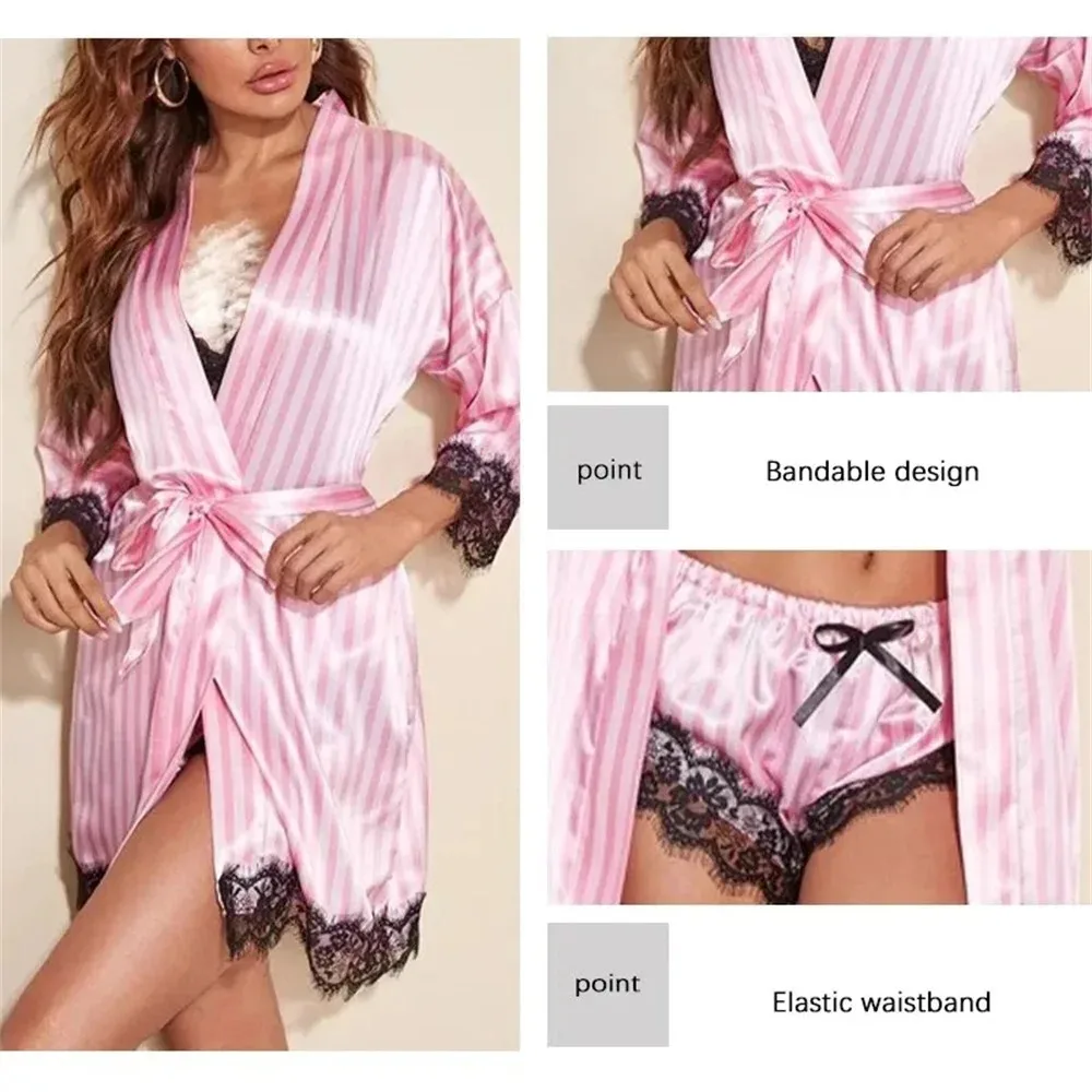 4 pcs SetSexy Pajama Pants Home Clothes Women\'s Summer Fashion and Comfortable Nightwear Lace Satin with Silk Sleepwear Robe