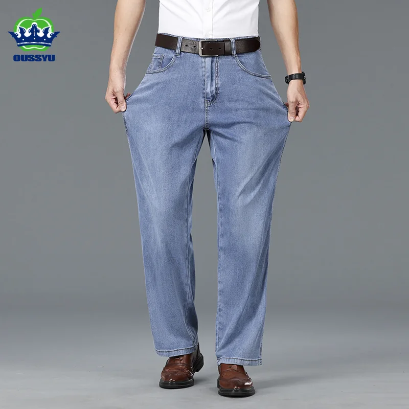 

Summer Thin Men's Lyocell Jeans Baggy Straight Business Casual Denim Pants Comfortable Breathable Long Trousers Man