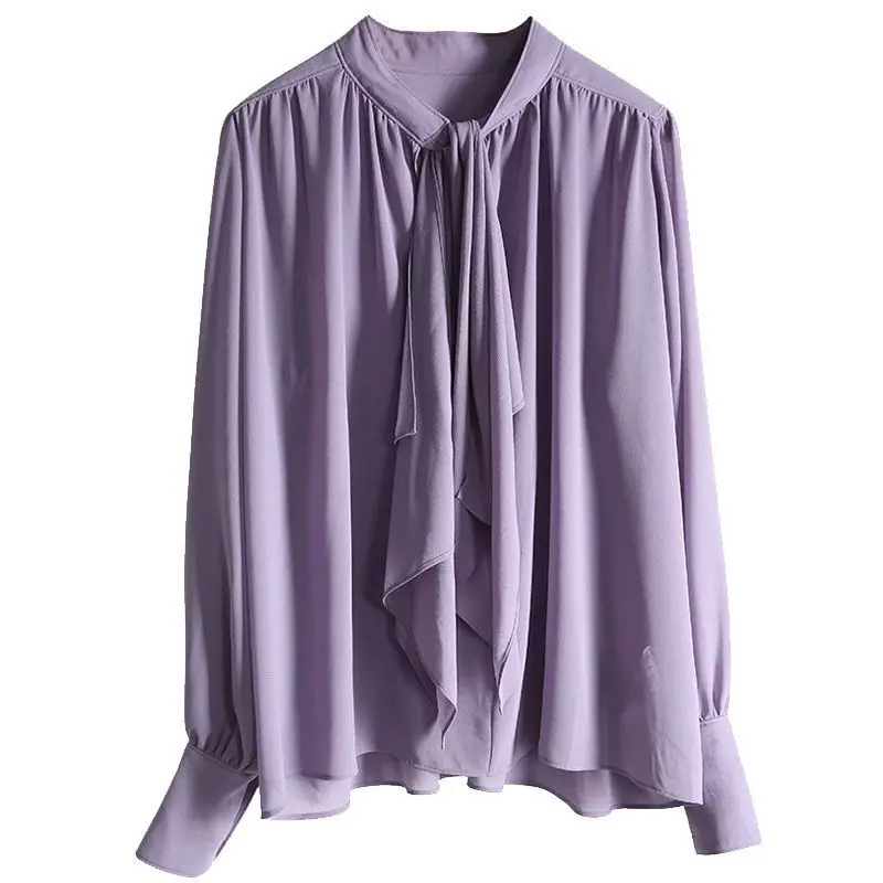 Fashion Women\'s Spring V-neck Chiffon Shirt Shirt Purple Elegant Office Temperament Long-sleeve Spring and Summer Party Shirt