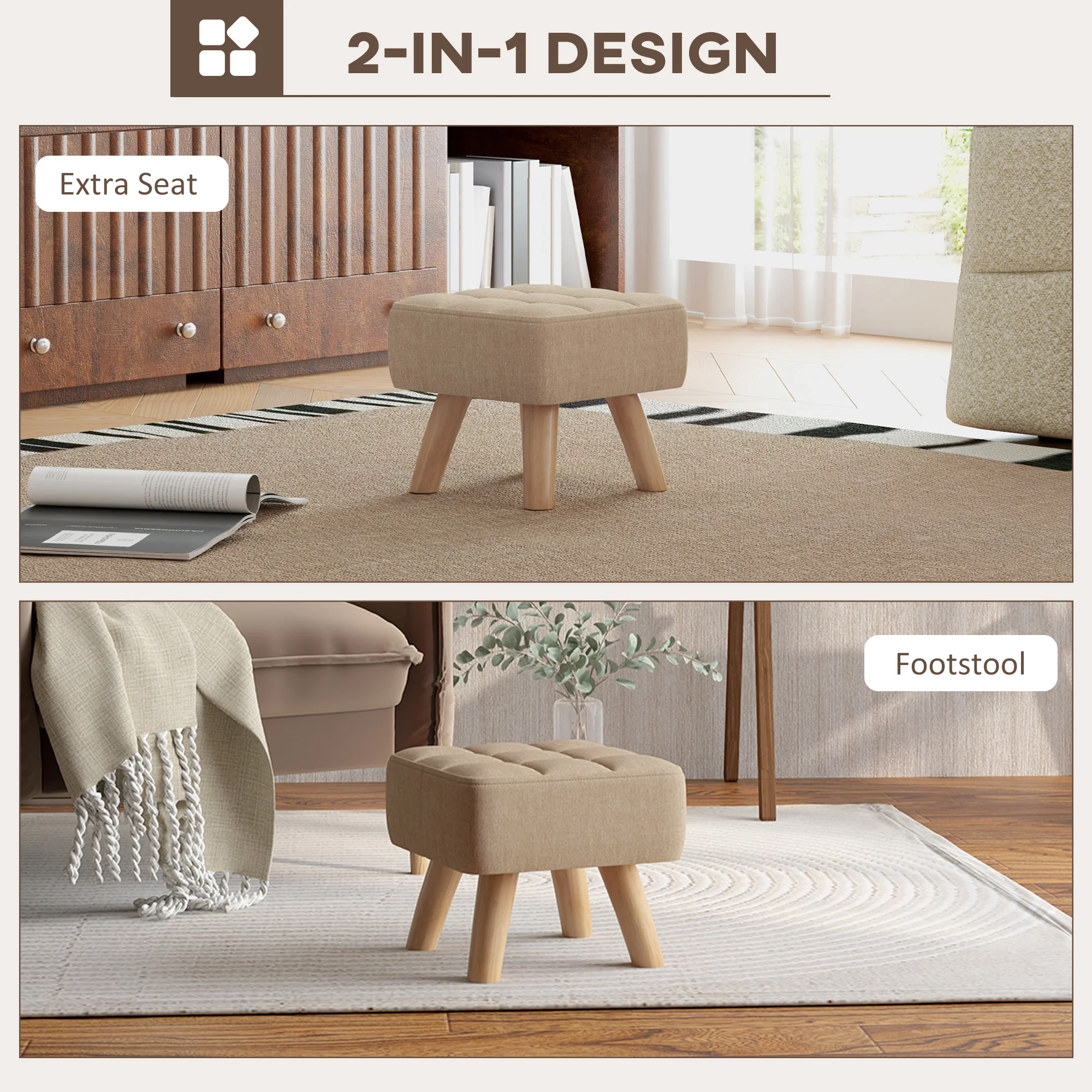 HOMCOM Modern Footstool, Fabric Foot Rest with Rubber Wood Legs
