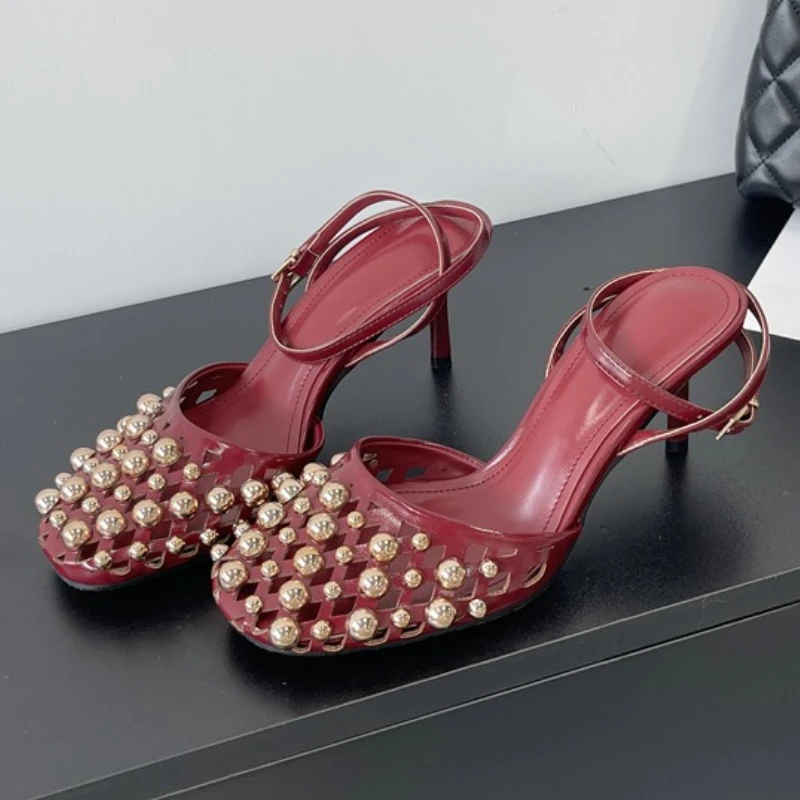 

Высококачественные сандалии из металлической декоративной сетки, женские босоножки на высоком каблуке с ремешком на щиколотке и пряжкой, модные удобные шлепанцы с круглым носком