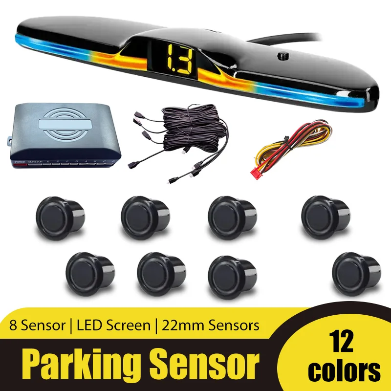 8-Sensor LED Strip Parking Radar, 5 Voice Options (EN/RU/ES/TR/Beep), 22mm Probes & 12-Color Display for Safe Reverse