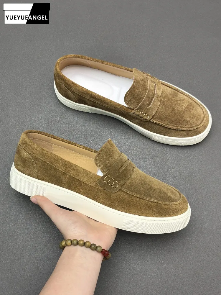 Casual Men Real Leather Cow Suede Shoes Spring Summer Round Toe Male Loafers British Style Low Cut Comfortable Slip-on Footwear